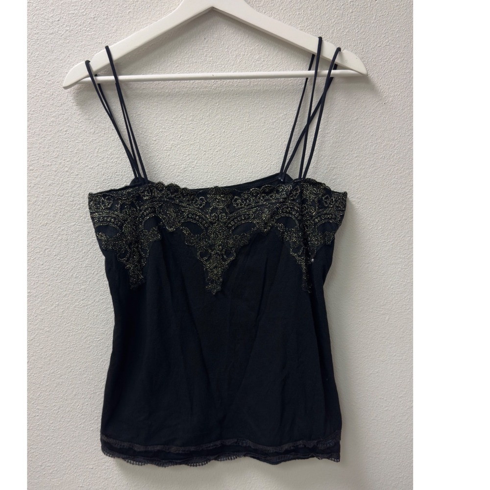 American Exchange Cami Top Womens S Black Gold Lace Spaghetti Strap Coquette Y2K